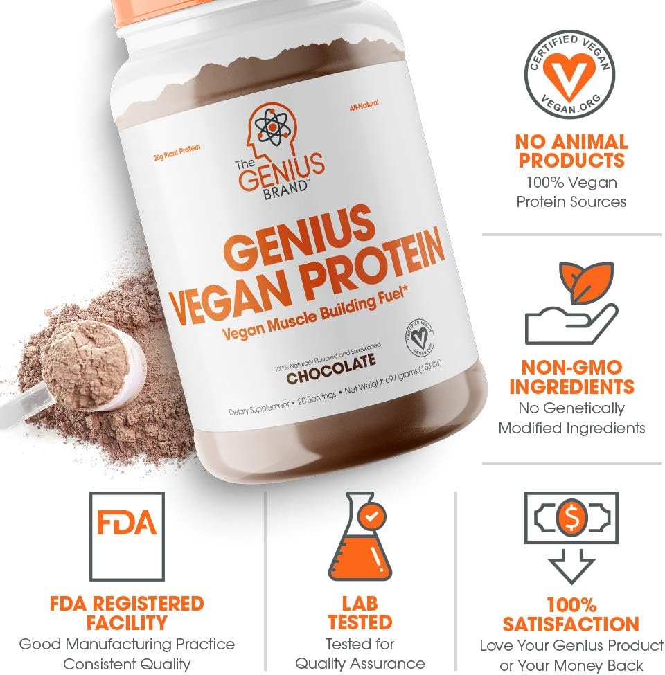 Genius Vegan Protein Powder, Chocolate - Plant-Based Lean Muscle Build