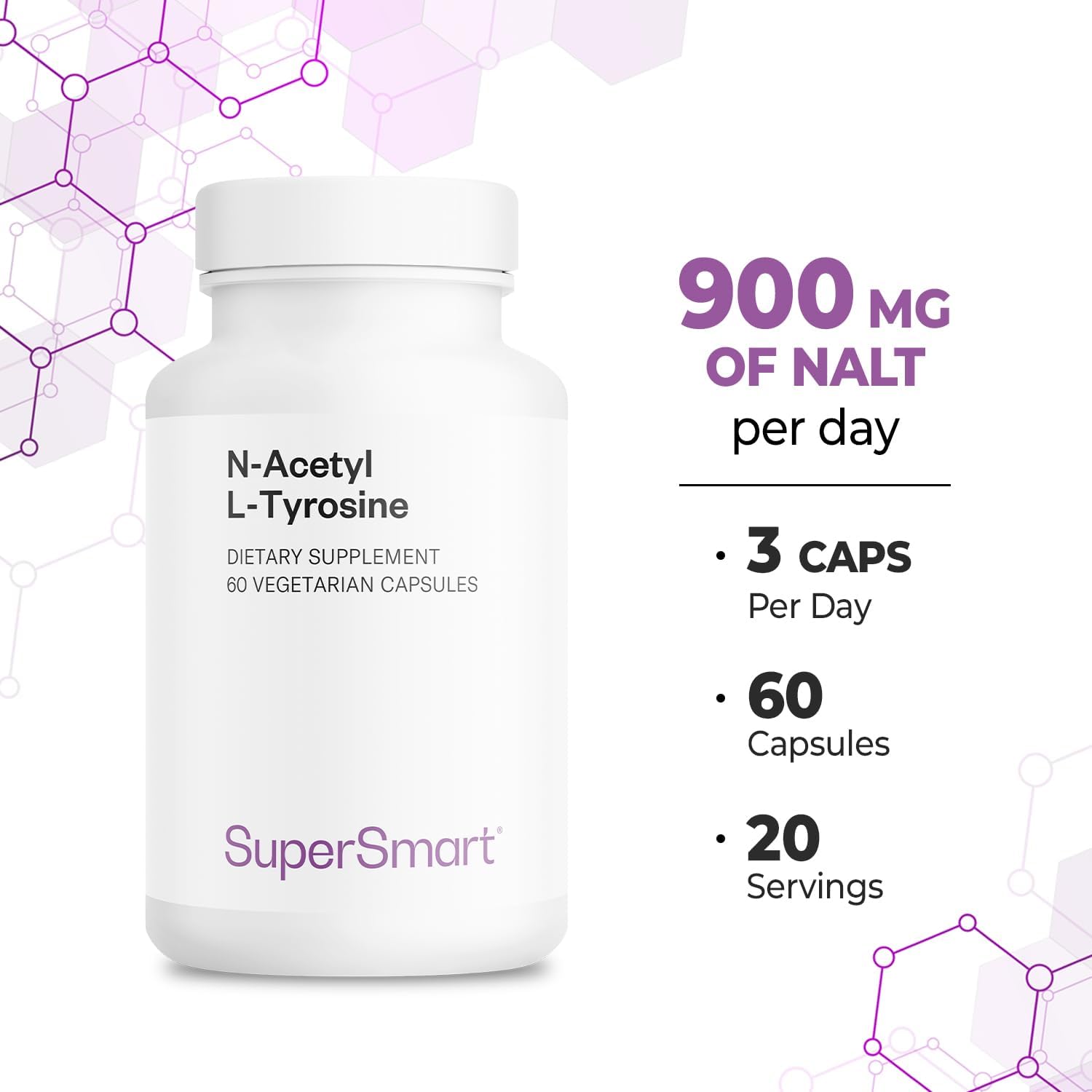 Supersmart - N-Acetyl L-Tyrosine Supplement 900Mg Per Day (High Strength) - Nalt N-Acetyl L-Tyrosine - Nootropic Amino Acids | Non-Gmo & Gluten Free - 60 Vegetarian Capsules : Health & Household
