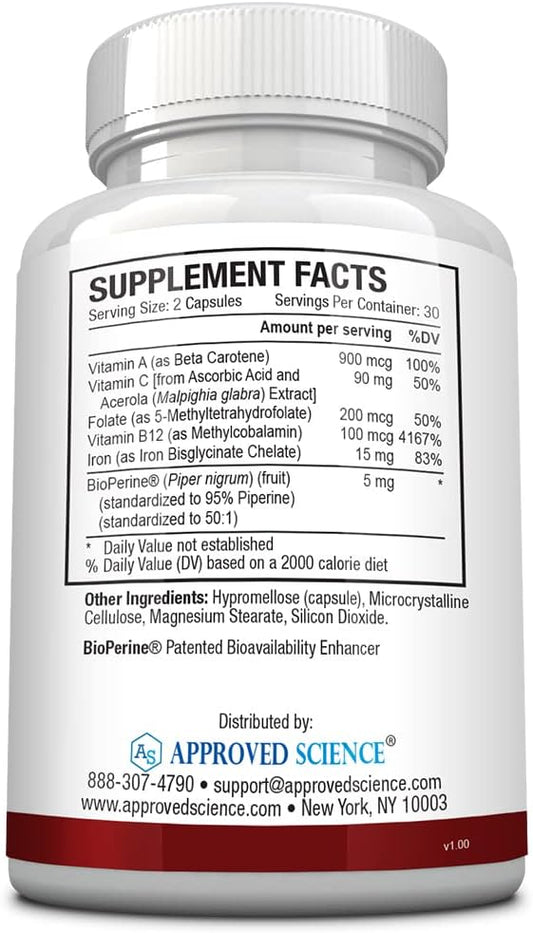 Approved Science Anemiaprin - Absorbable Iron, Vitamin C - Gentle On Stomach - 60 Capsules - 1 Month Supply - Non-GMO, Vegan