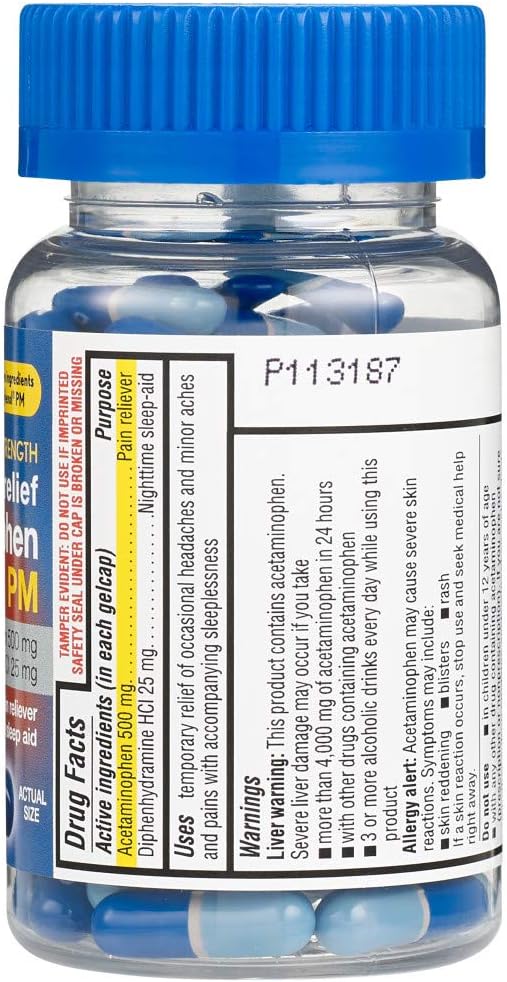 Rite Aid Extra Strength Pm Pain Relief Gelcaps, 500 Mg Acetaminophen / 25 Mg Diphenhydramine - 80 Count | Nighttime Pm Pain Reliever + Sleep Aid | Arthritis Pain Relief | Menstrual Pain Relief