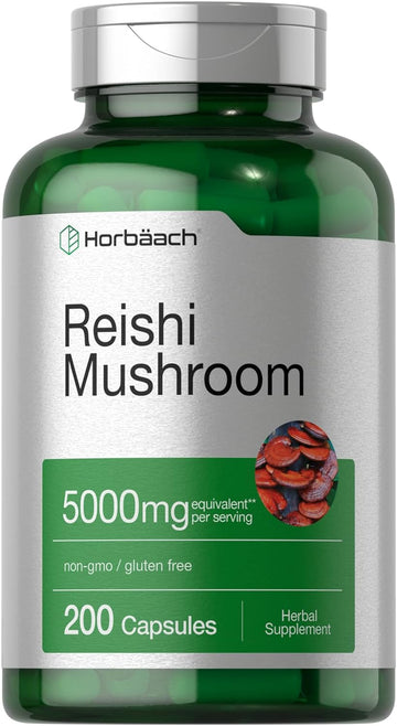 Horbäach Reishi Mushroom Capsules | 5000Mg | 200 Count | Non-Gmo And Gluten Free Extract Supplement