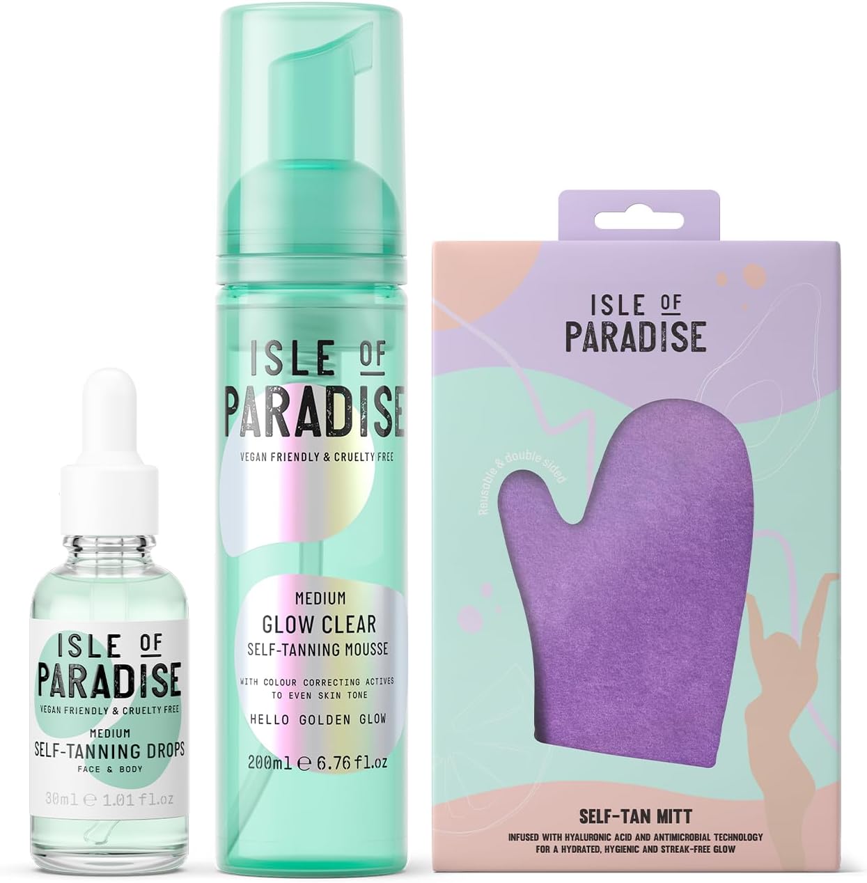 Isle of Paradise Self Tan Mousse, Medium Glow Clear Self Tanning Foam (200ml) + Self Tanning Face Drops Medium (30 ml) + Isle of Paradise Self Tan Mitt Applicator Mitt for Self Tanning : Amazon.co.uk: Beauty