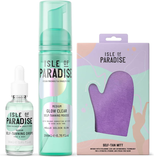 Isle of Paradise Self Tan Mousse, Medium Glow Clear Self Tanning Foam (200ml) + Self Tanning Face Drops Medium (30 ml) + Isle of Paradise Self Tan Mitt Applicator Mitt for Self Tanning : Amazon.co.uk: Beauty