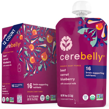 Cerebelly Baby Food Pouches – Organic Beet Carrot Blueberry (4 oz, Pack of 12) - Toddler Snacks, 16 Brain-supporting Nutrients, Healthy Snacks, Made with Gluten-Free Ingredients, No Added Sugar