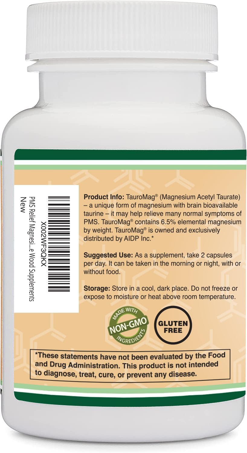 Magnesium Acetyl-Taurate (ATA MG, TauroMag) Novel and Patented Form of Magnesium for PMS and Cramp Relief (60 Capsules, 350mg) PMS Relief Magnesium Supplement by Double Wood Supplements : Health & Household