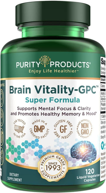 Purity Products Brain Vitality-GPC Super Formula Acetyl L-Carnitine HCI + Alpha GPC + Phosphatidlyserine - Supports Normal Concentration and Mental Clarity - 120 Caps