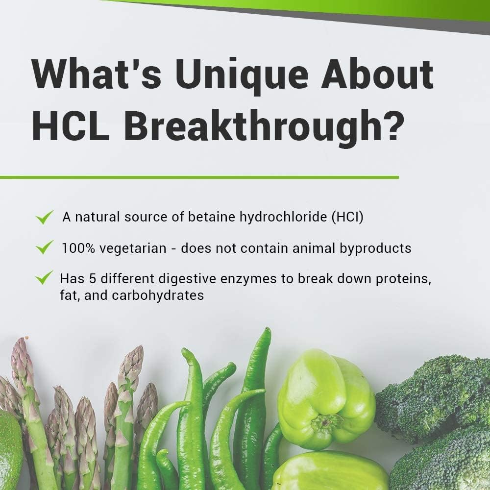 BiOptimizers HCL Breakthrough - Betaine Hydrochloride Enzymes Supplement - Assists with Protein Breakdown and Absorption - Helps Gas and Heartburn Relief - 90 Pepsin-Free Capsules : Health & Household