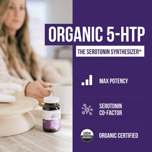 Organic 5-HTP - 200 mg | 99% 5HTP Concentration, Plus Cofactor Vitamin B6 & Lion?s Mane | Water Extracted from Organic Griffonia Seeds | Supports Mood, Cognition & Sleep (60 Capsules | 30 Servings)