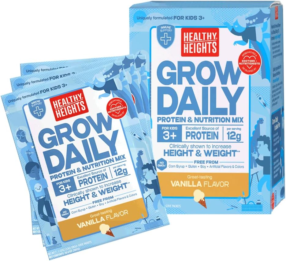 Grow Daily 3+ Shake Mix 7-Ct Single Serves By Healthy Heights - Protein Powder (Vanilla) - Developed By Pediatricians - High In Protein Nutritional Shake - Contains Key Vitamins & Minerals