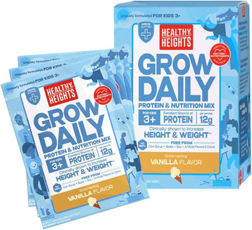 Grow Daily 3+ Shake Mix 7-Ct Single Serves By Healthy Heights - Protein Powder (Vanilla) - Developed By Pediatricians - High In Protein Nutritional Shake - Contains Key Vitamins & Minerals