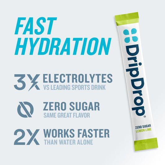 Dripdrop Hydration - Zero Sugar Lemon Lime - Electrolyte Drink Mix Single Serve Hydration Powder Packets | Keto & Paleo Friendly | Non-Gmo, Gluten Free, Vegan | 32 Sticks