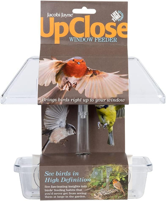 Window Bird Feeder With Strong Suction Cups - Jacobi Jayne® UpClose™ Window Bird Seed Feeder For Small Birds. With Protective Roof To Shield Birds From Rain And Drainage Holes To Prevent Waterlogging?UC-WF