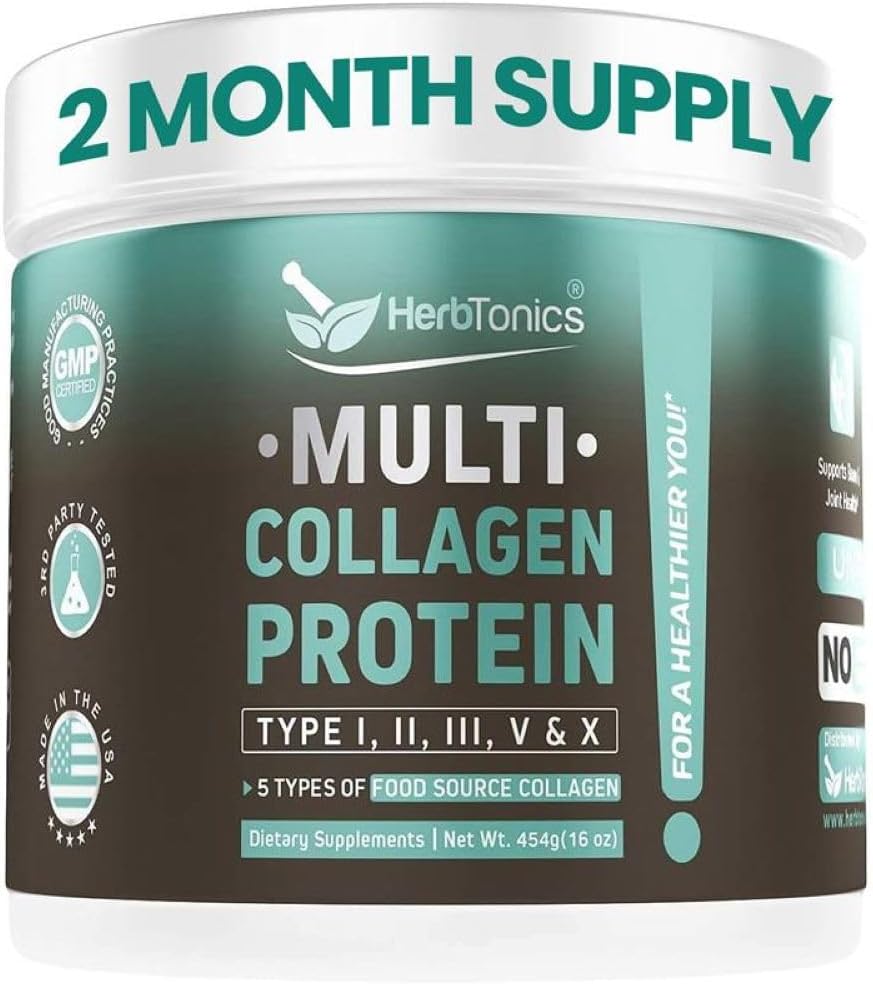 Herbtonics Multi Collagen Protein Powder Collagen Peptides Type (1,2,3,5 And 10) | All-In-One Bone Broth Collagen Supplement | Grass-Fed Chicken, Wild Fish, Egg Hydrolyzed Collagen Bovine