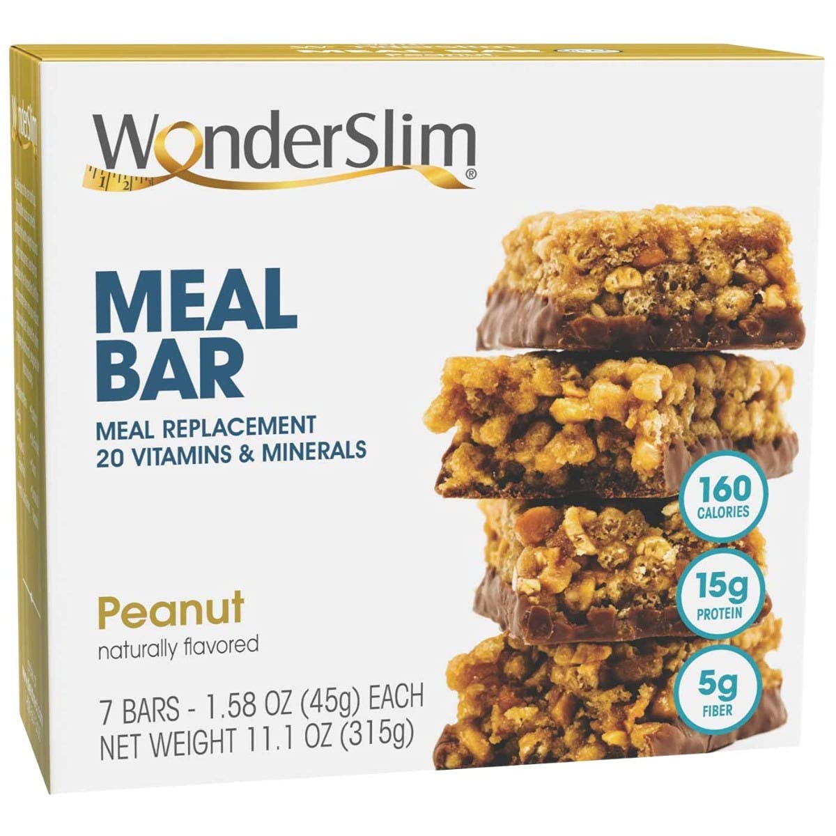 Wonderslim Meal Replacement Protein Bar, Peanut, 15G Protein, 20 Vitamins & Minerals, Gluten Free (7Ct)