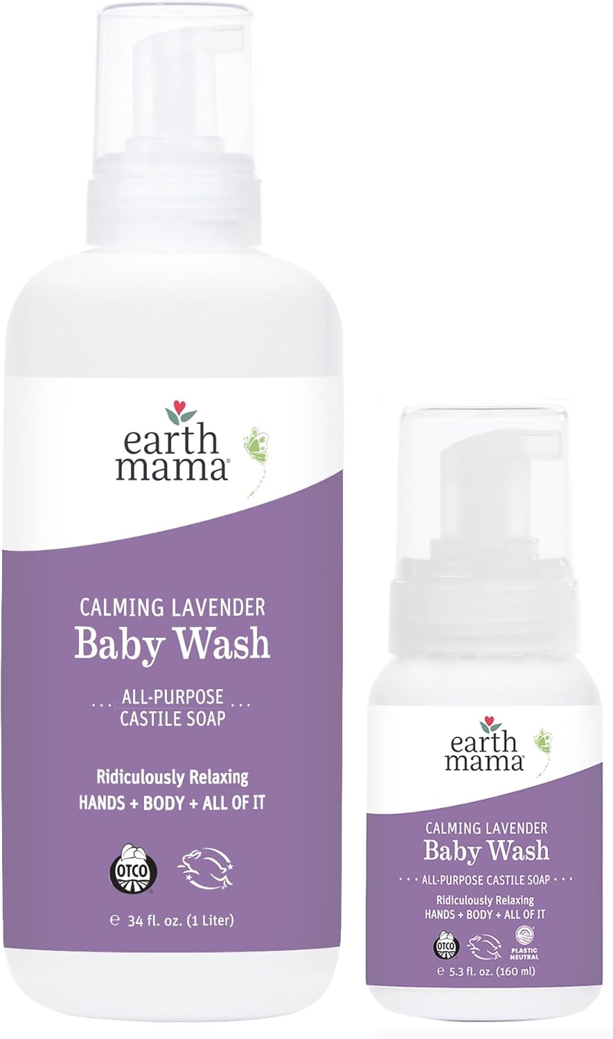 Earth Mama Calming Lavender Baby Wash Liquid Foaming Hand Soap Set, Organic All-Purpose Lavender Body Wash For Sensitive Skin, Castile Soap Coconut Oil, Calendula, & Aloe, 5.3Fl Oz & Liter Refill