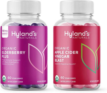 Hyland'S Naturals Organic Elderberry Plus Gummies + Apple Cider Videgar Blast Gummies - 120 Vegan Adult Gummies (60 Of Each)