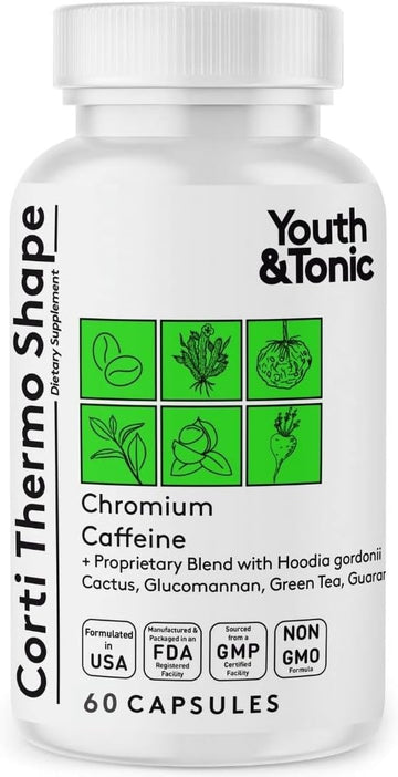 Youth & Tonic Corti-Thermo Shape 60 Capsules Advanced Diet Pills As Support For Energy Metabolism Focus Cravings For Men And Women With Caffeine Chromium Glucomannan Guarana Hoodia Gordonii I