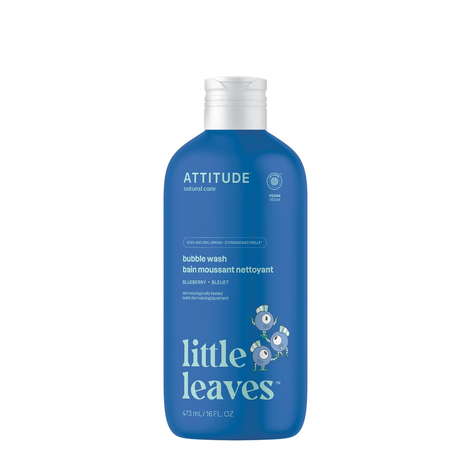 ATTITUDE Bubble Wash for Kids, Hair Shampoo and Body Soap, EWG Verified, Plant- and Mineral-Based, Vegan, Blueberry, 16 Fl Oz