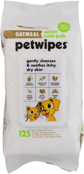 Petkin Mega Val-Pak Pet Wipes, 125 Wipes - Oatmeal Pet Wipes for Dogs and Cats - for Face, Paws, Ears, Body and Eye Area - Super Convenient Dog Cleaning Wipes, Ideal for Home or Travel - Easy to Use