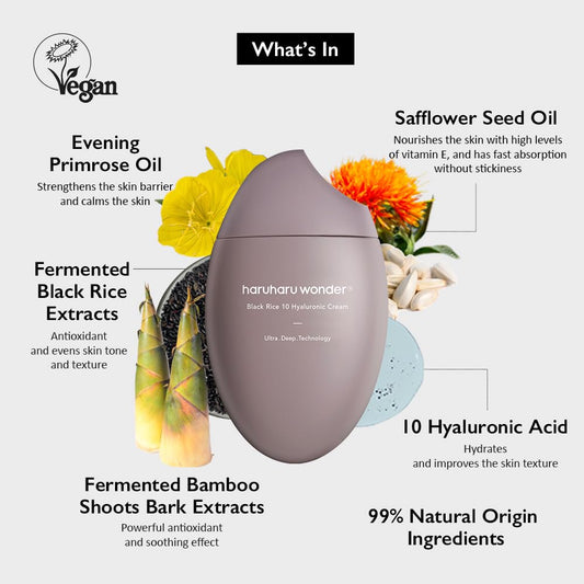 Haruharu Wonder Black Rice 10 Hyaluronic Cream, 1.6 Fl Oz, Face Moisturizer, Vegan, Cruelty Free, Daily Skincare, Korean Skincare