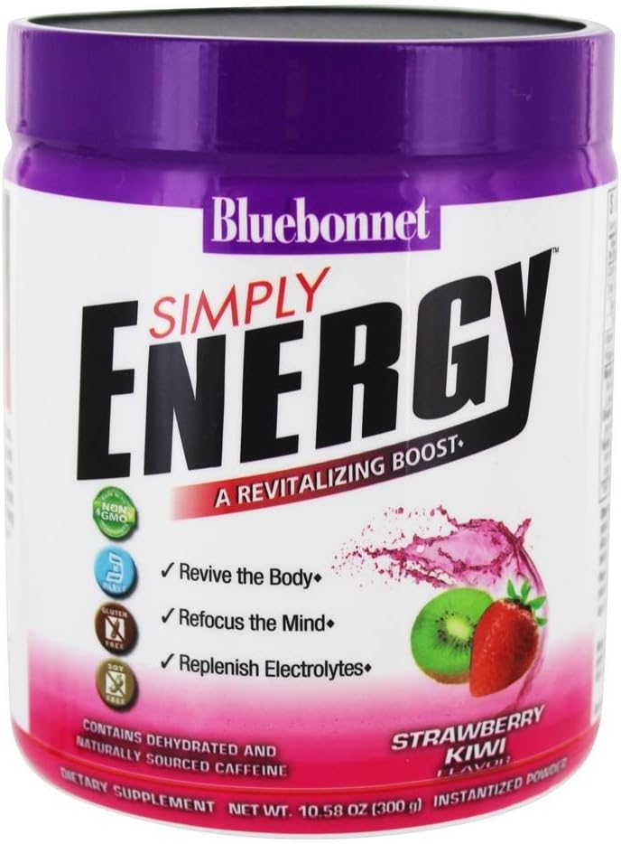 Bluebonnet Nutrition Simply Energy Powder - No Artificial Colors, Flavors Or Sweeteners - Soy-Free, Gluten-Free, Non-Gmo, Kosher, Dairy-Free, Vegan - 10.58 Oz, 30 Servings - Strawberry Kiwi Flavor
