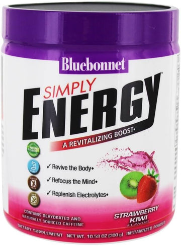 Bluebonnet Nutrition Simply Energy Powder - No Artificial Colors, Flavors Or Sweeteners - Soy-Free, Gluten-Free, Non-Gmo, Kosher, Dairy-Free, Vegan - 10.58 Oz, 30 Servings - Strawberry Kiwi Flavor