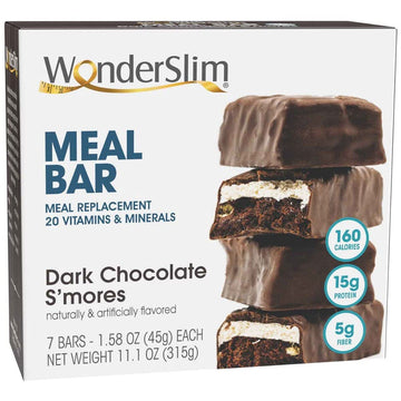 Wonderslim Meal Replacement Protein Bar, Dark Chocolate S'Mores, 15G Protein, 20 Vitamins & Minerals, Gluten Free (7Ct)