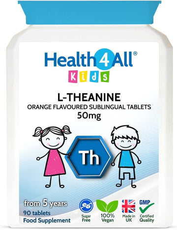Health4All Kids L-Theanine 50Mg 90 Tablets. Focus For Children. Supports Attention & Concentration. Natural Orange Flavour Chewable L-Theanine. Vegan