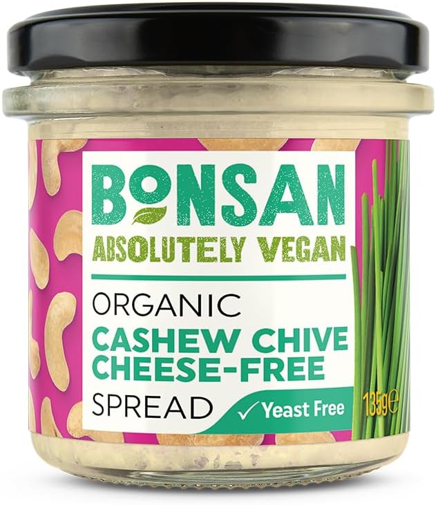 Bonsan Organic Cashew Chive Cheese-Free Spread 135g, Pack of 6 - Vegan Cream Cheese Alternative - Made from Cashews & Fragrant Chives - Yeast Free & GMO Free - for Sandwhiches & Dipping