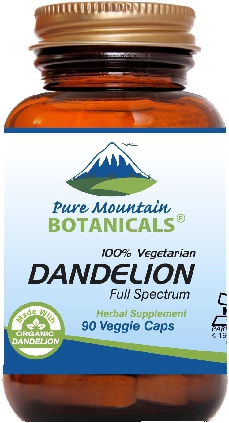 Pure Mountain Botanicals Dandelion Root Capsules - 90 Kosher Vegan Caps With 450Mg Organic Dandelion Root Powder, Supports Detox & Digestion, Vegetarian, Gluten-Free, No Fillers Or Additives