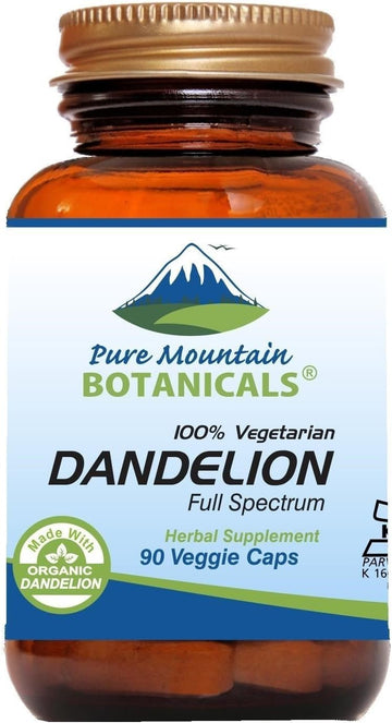 Pure Mountain Botanicals Dandelion Root Capsules - 90 Kosher Vegan Caps With 450Mg Organic Dandelion Root Powder, Supports Detox & Digestion, Vegetarian, Gluten-Free, No Fillers Or Additives