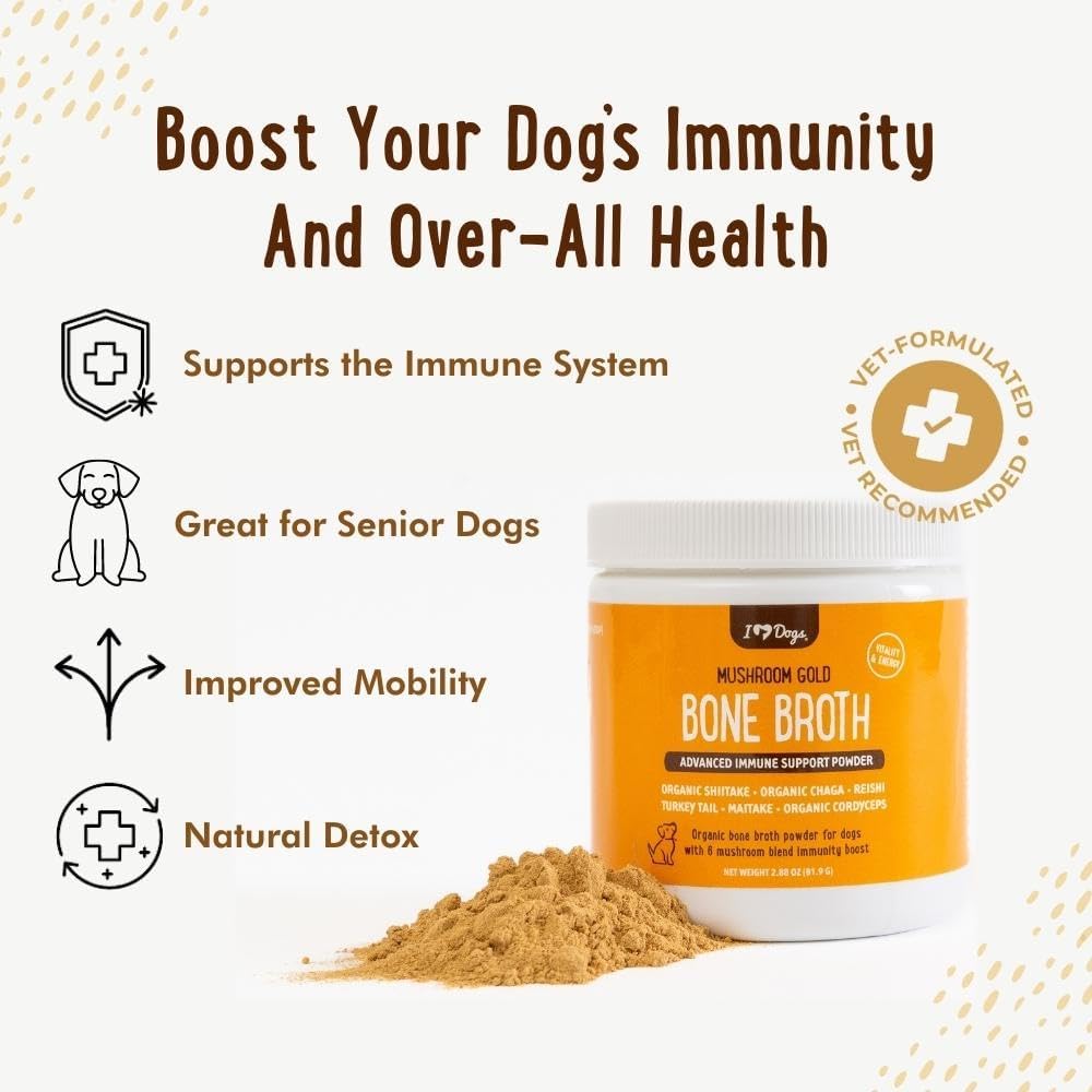 iHeartDogs Bone Broth for Dogs - Bone Broth & Mushroom Gold Powder Supplement for Immune System Support, Improved Mobility & Flexibility and Natural Detox - Turkey Tail Mushroom for Dogs : Pet Supplies