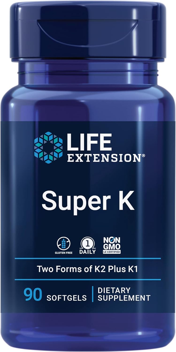 Life Extension Super K, Vitamin K1, Vitamin K2 Mk-7, Vitamin K2 Mk-4, Vitamin C, Bone/Heart/Arterial Health, 3-Month Supply, Gluten-Free, 1 Daily, Non-Gmo, 90 Softgels