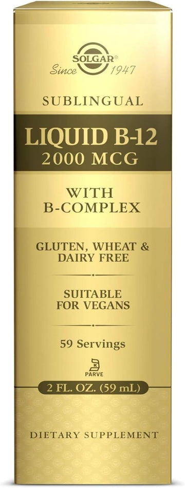 Solgar Sublingual Liquid B-12 2000 mcg with B-Complex - 2 fl oz - Supports Production of Energy, Red Blood Cells, Healthy Nervous System & Heart Health - Vegan, Gluten Free - 59 Total Servings