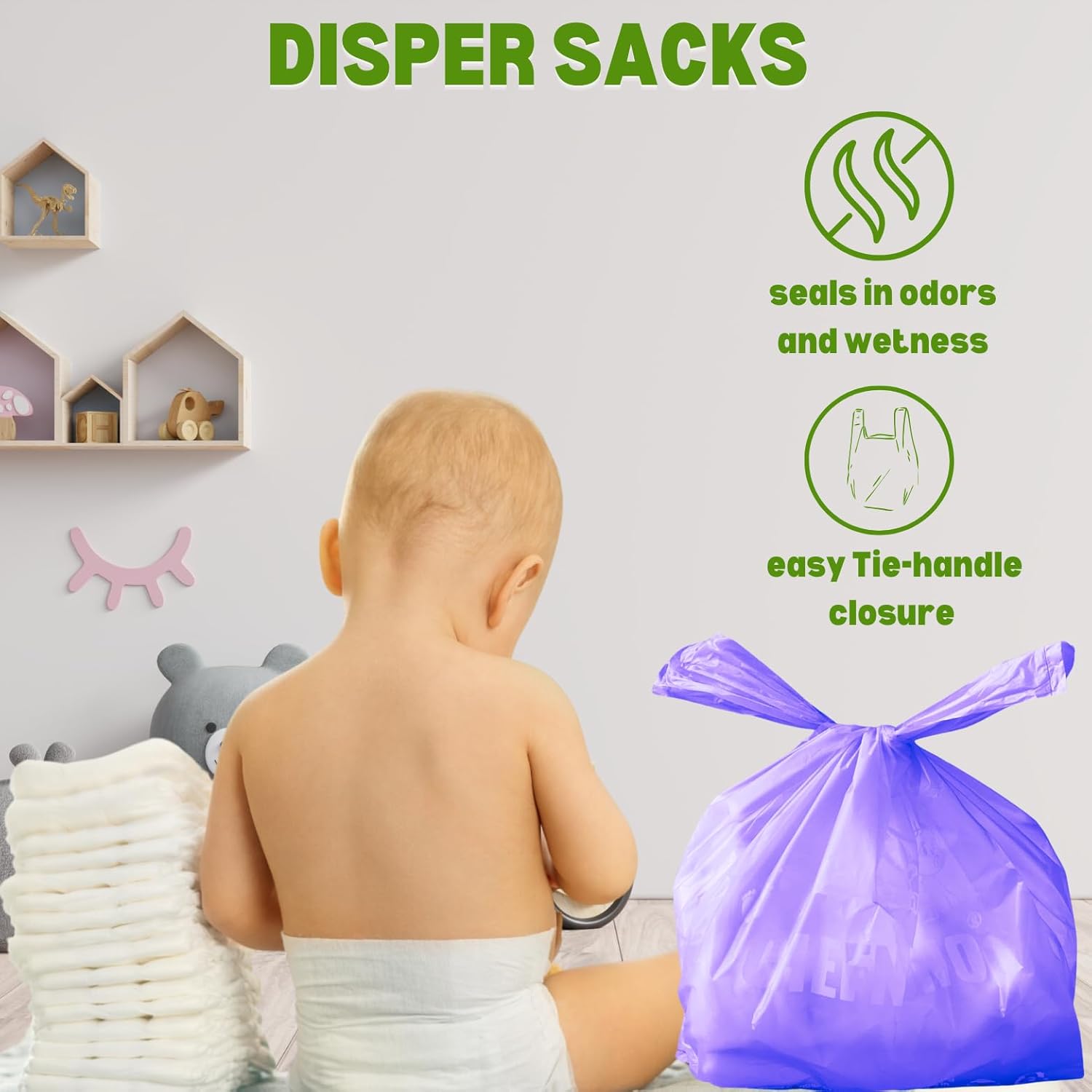 Disposable Baby Diaper Bags (500 Bags) Fresh Powder Scented Easy Tie Handles Epi Eco-Friendly Diaper Disposable Sacks Dog Poop Bags Cat Litter Waste Bags (Fresh Powder, 500 Ct.)