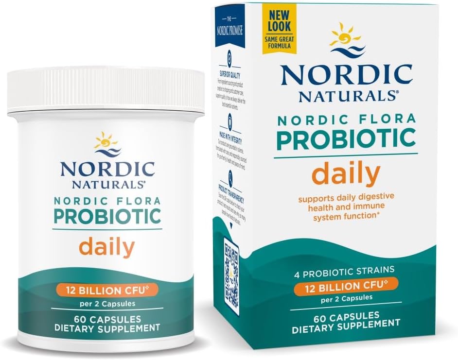 Nordic Naturals Nordic Flora Probiotic Daily - 60 Capsules - 4 Probiotic Strains with 12 Billion Cultures - Optimal Wellness, Immune Support, Digestive Health - Non-GMO, Vegan - 30 Servings