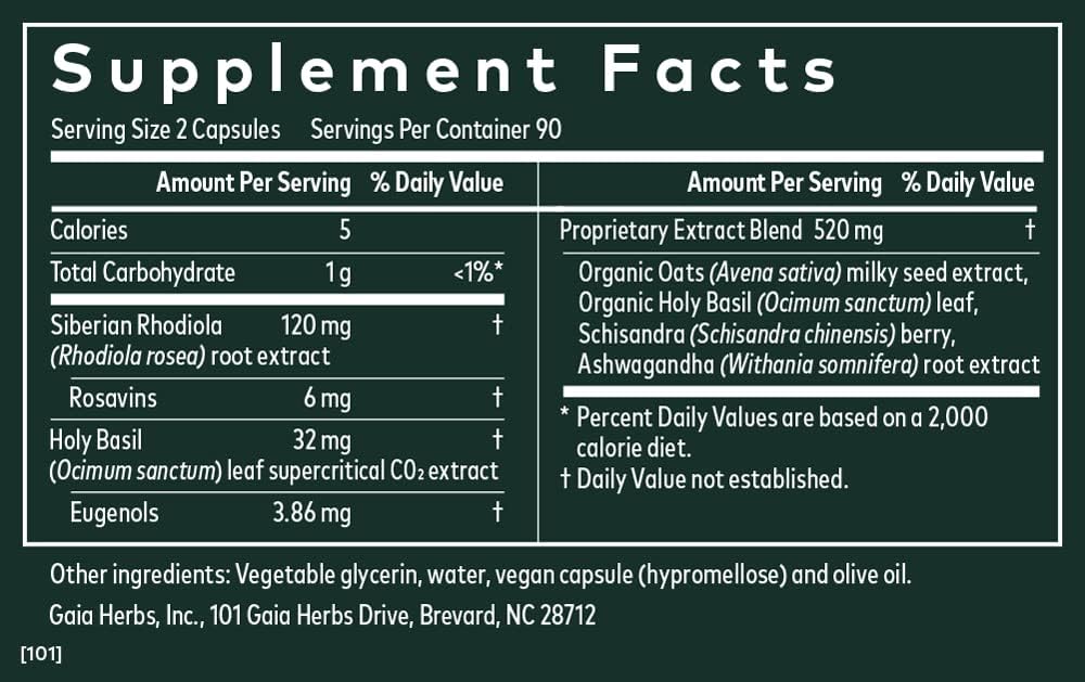 Gaia Herbs Adrenal Health Daily Support - with Ashwagandha, Holy Basil & Schisandra - Herbal Supplement to Help Maintain Healthy Energy and Stress Levels - 180 Liq Phyto-Capsules (180 Count)