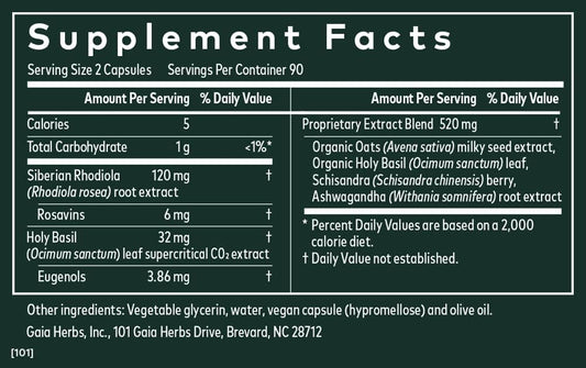 Gaia Herbs Adrenal Health Daily Support - with Ashwagandha, Holy Basil & Schisandra - Herbal Supplement to Help Maintain Healthy Energy and Stress Levels - 180 Liq Phyto-Capsules (180 Count)