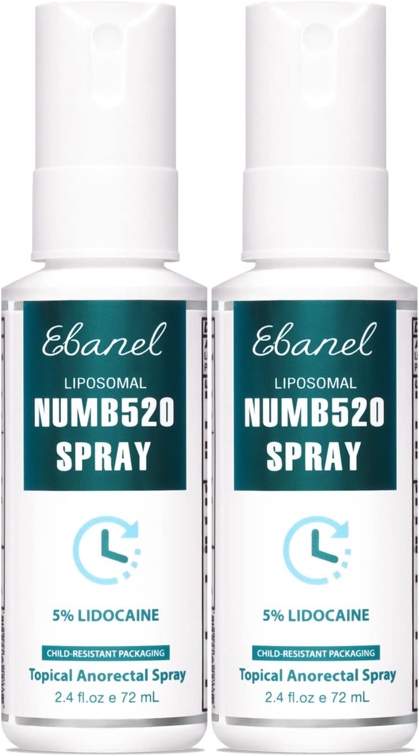 Ebanel 2-Pack 5% Lidocaine Spray Pain Relief Numb520 Burn Itch Relief Numbing Spray for Skin, Topical Anesthetic Postpartum Hemorrhoid Treatment Spray with Phenylephrine for Local and Anorectal Uses