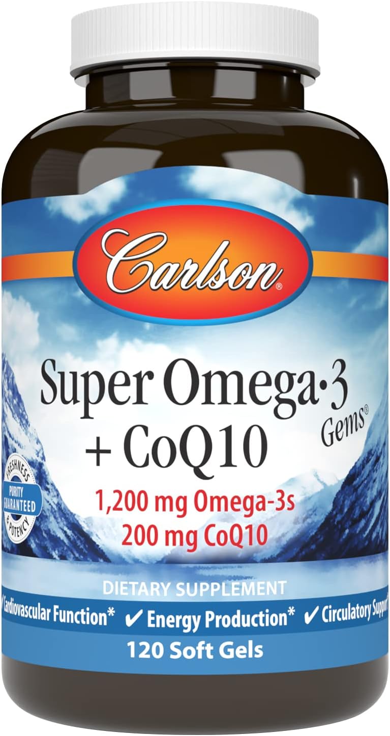 Carlson - Super Omega-3 Gems + CoQ10, 1200 mg Omega-3s 200 mg CoQ10, Circulation Function, Energy Production & Circulatory Support, 120 Softgels