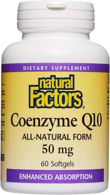 Natural Factors Coenzyme Q10 50 Mg, Natural Coenzyme Q10 Supplement For Energy, Heart And Cognitive Support, 60 Softgels