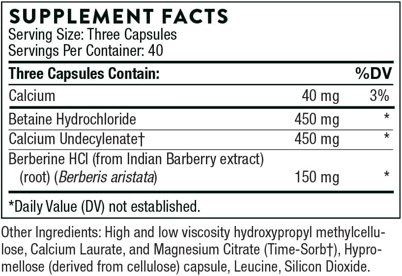 Thorne Undecyn - Undecylenic Acid (in The Form of Calcium Undecylenate) with Betaine HCL and Berberine - 120 Capsules