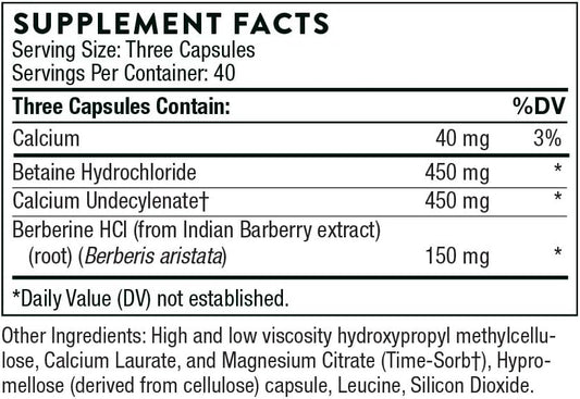 Thorne Undecyn - Undecylenic Acid (in The Form of Calcium Undecylenate) with Betaine HCL and Berberine - 120 Capsules