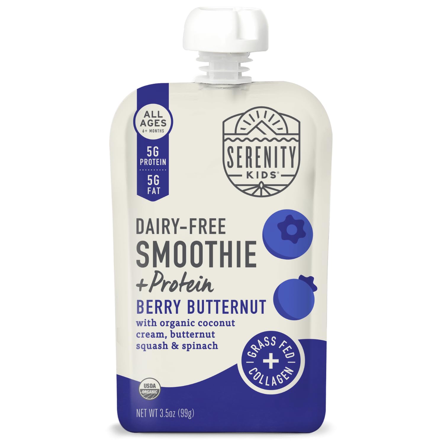 Serenity Kids 6+ Months Dairy-Free Smoothie Baby Food | Usda Organic | Grass Fed Collagen Protein | 3.5 Ounce Bpa-Free Pouch | Berry Butternut | 1 Count