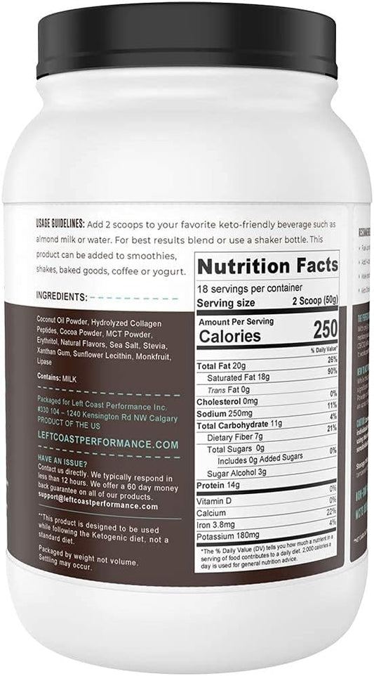 Keto Meal Replacement Shakes, Chocolate, 2lbs, Low Carb Keto Protein Shake Mix, MCT Powder, Grass Fed Hydrolyzed Collagen Peptides, Keto Breakfast Shake, 20g Fat, 14g Protein, 1 Net Carb, Zero Sugar