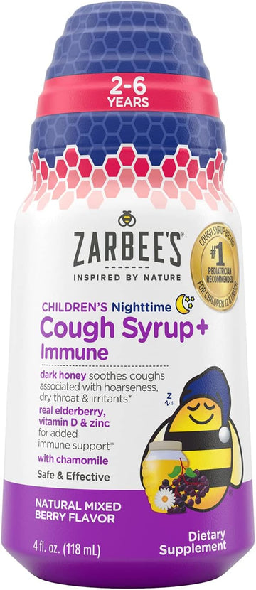 Zarbee'S Kids Cough + Immune Nighttime For Children 2-6 With Dark Honey, Vitamin D & Zinc, 1 Pediatrician Recommended, Drug & Alcohol-Free, Mixed Berry Flavor, 4Fl Oz