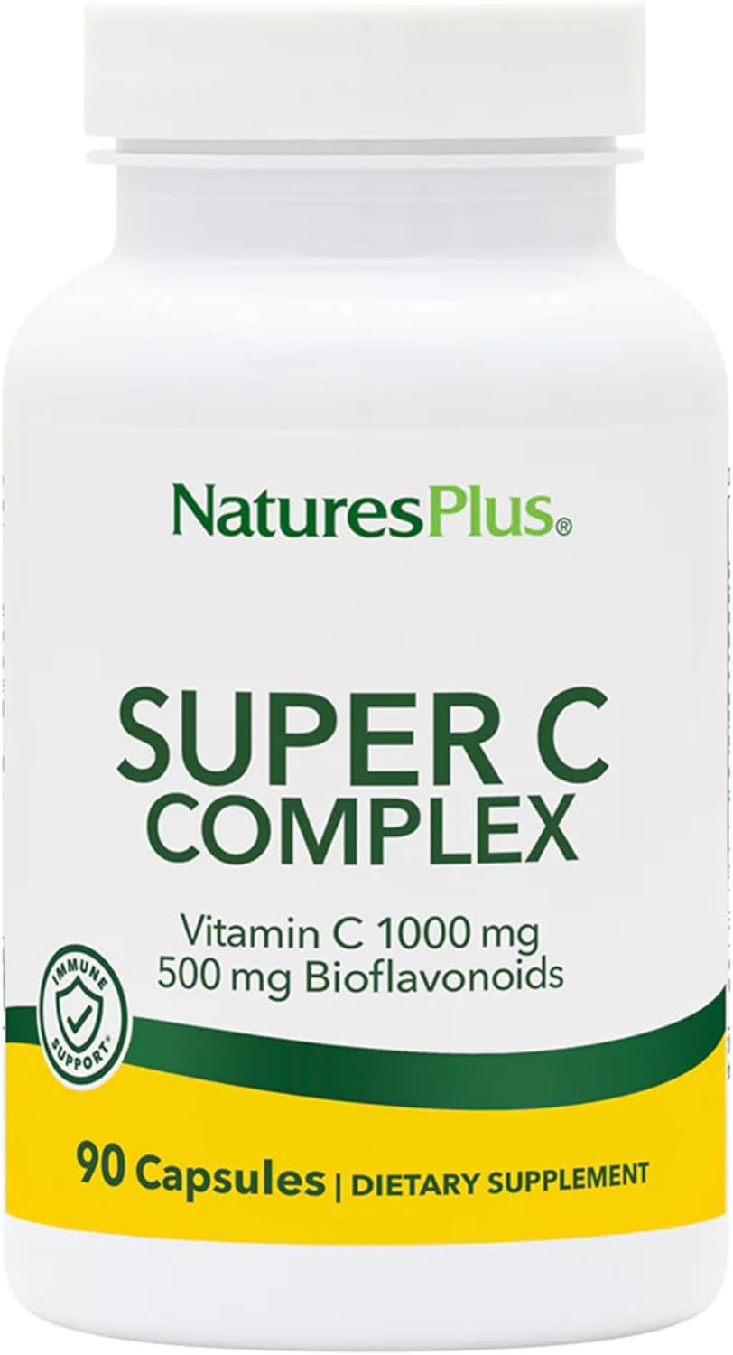 Natures Plus Super C Complex - 1000 Mg Ascorbic Acid, 90 Vegetarian Capsules - High Potency Vitamin C Supplement, Antioxidant - Gluten-Free - 45 Servings