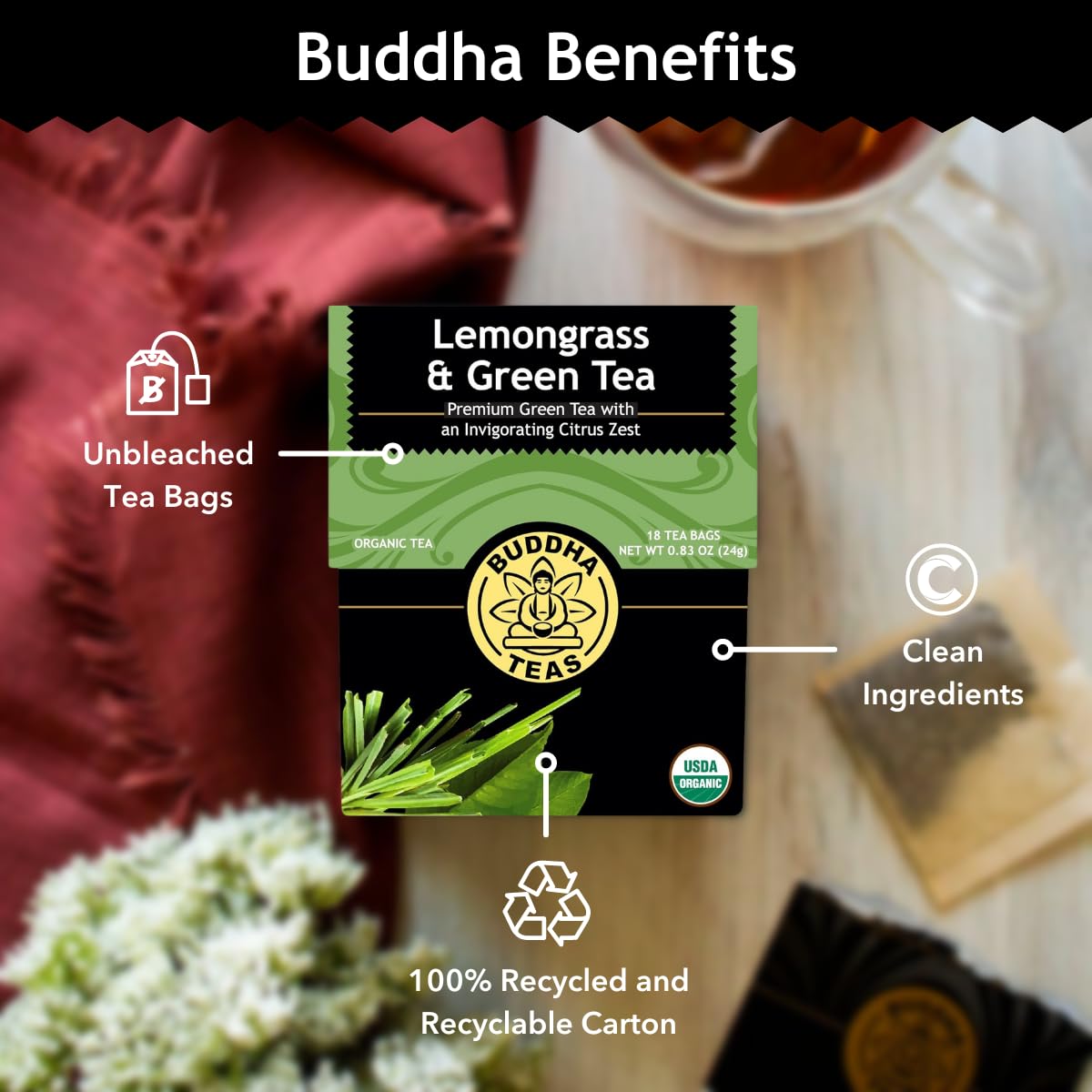 Buddha Teas - Organic Lemongrass & Green Tea - For Health & Wellbeing - Organic Tea - With Antioxidants & Minerals - Clean Ingredients - Caffeinated - Ou Kosher & Organic - 18 Tea Bags (Pack Of 1)