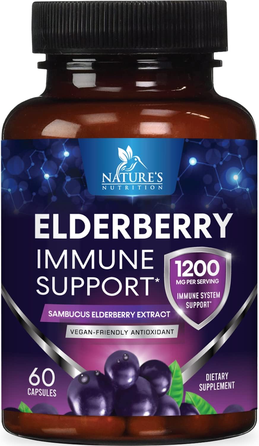 Elderberry Immune Support 10:1 Extract Capsules - Daily Immune Support Supplement For Adults, Natural Sambucus Black Elderberry Vitamins, Vegan Vitamin, Gluten & Sugar Free, Non-Gmo - 60 Count