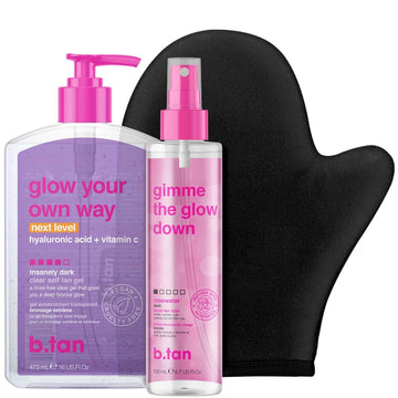 B.Tan Dark Self Tan Foam & Face Mist Kit | B.Tan + Glow Bundle - Sunless Tanning Mousse, Bronzing Gradual Facial + Body Spray, Mitt Applicator, 1 Hour Express, No Fake Tanner Smell, 6.7 Fl Oz